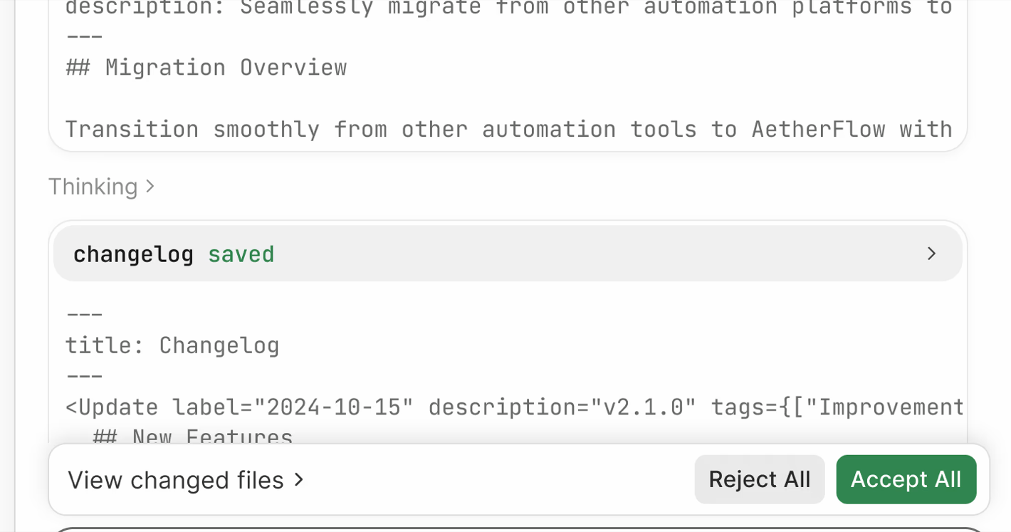 Agent chat showing a saved changelog draft above View changed files, Reject All, and Accept All buttons